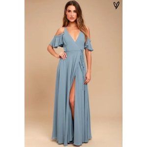 Lulu’s Easy Listening Slate Blue Cold Shoulder Wrap Maxi Dress Medium